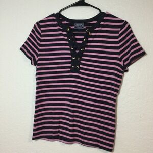 Chaps Classics Striped‎ Lace-Up T-Shirt Short Sleeve Casual Top Small